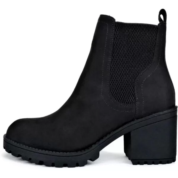 Soda ZINON  Women Lug Sole Mid Heel Chelsea Fashion Ankle Boot wDouble Elastic GoreBlack Imit Suede