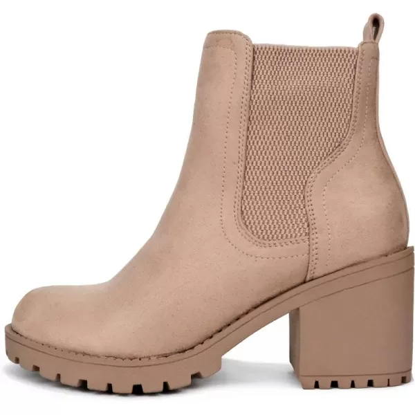 Soda ZINON  Women Lug Sole Mid Heel Chelsea Fashion Ankle Boot wDouble Elastic GoreTaupe Imit Suede