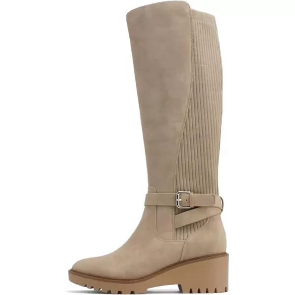 Soda ZONE  Women Round Toe Elastic Sweater Belted Strap Lug Sole Low Wedge Heel KneeHigh Boot with Side ZipperBeige Nubuck