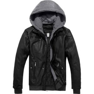 imageSzory Mens Winter PU Leather Jacket Motorcycle Biker Bomber Jacket with Removable Hood