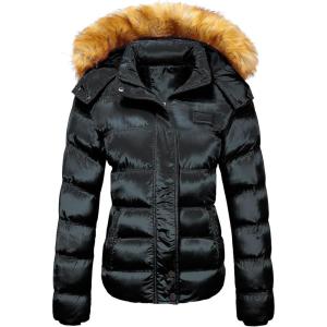 imageSzory Womens Down Thicken Winter Coat Quilted Warm Puffer Jacket with Removable Fur HoodGloss Black
