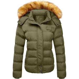 imageSzory Womens Down Thicken Winter Coat Quilted Warm Puffer Jacket with Removable Fur HoodMilitary Green