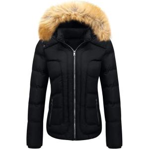 imageSzory Womens Winter Thicken Coats Warm Short Puffer Jackets with Removable Fur HoodBlack