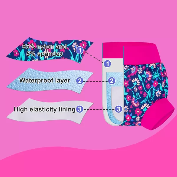 BIG ELEPHANT Swim Diapers - 3 Pieces of Reusable and Adjustable Baby Swimming Diapers for Girls , 2T