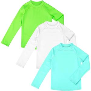 imageBIG ELEPHANT 3 Pack Kids Rash Guard Swim Shirt UPF 50 Long Sleeve Rashguard Swimwear Surf Tops Sun Protection for Boys GirlsNeon GreenGreenWhite