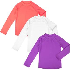 imageBIG ELEPHANT 3 Pack Kids Rash Guard Swim Shirt UPF 50 Long Sleeve Rashguard Swimwear Surf Tops Sun Protection for Boys GirlsPurpleWhiteCoral Orange