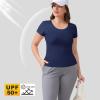 imageBIG ELEPHANT 2 Pcs Womens Basic Short Sleeve TShirts UPF 50 Slim Fit Crew Neck Solid Tops for Daily WearTravelSportsNavy Blue and Extreme Gray