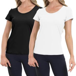 imageBIG ELEPHANT 2 Pcs Womens Basic Short Sleeve TShirts UPF 50 Slim Fit Crew Neck Solid Tops for Daily WearTravelSportsBlack and White
