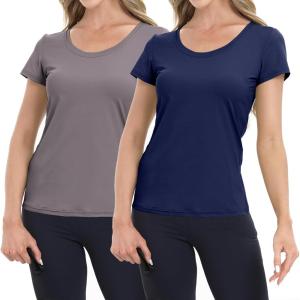imageBIG ELEPHANT 2 Pcs Womens Basic Short Sleeve TShirts UPF 50 Slim Fit Crew Neck Solid Tops for Daily WearTravelSportsNavy Blue and Extreme Gray