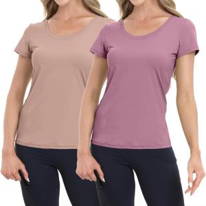 imageBIG ELEPHANT 2 Pcs Womens Basic Short Sleeve TShirts UPF 50 Slim Fit Crew Neck Solid Tops for Daily WearTravelSportsPurple and Nude Pink