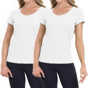 imageBIG ELEPHANT 2 Pcs Womens Basic Short Sleeve TShirts UPF 50 Slim Fit Crew Neck Solid Tops for Daily WearTravelSportsWhite and White