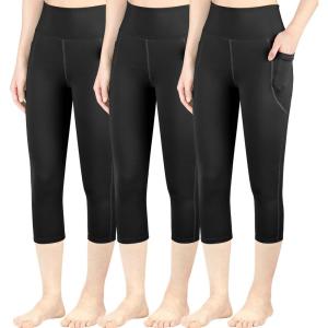 imageBIG ELEPHANT 3 Packs Girls Capri Leggings with Pockets High Waisted Yoga Pants Athletic Running Dance Workout for KidsBlackblackblack