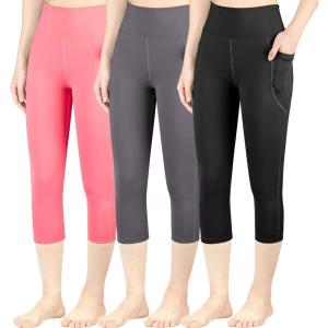 imageBIG ELEPHANT 3 Packs Girls Capri Leggings with Pockets High Waisted Yoga Pants Athletic Running Dance Workout for KidsBlackdark Graypink