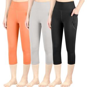 imageBIG ELEPHANT 3 Packs Girls Capri Leggings with Pockets High Waisted Yoga Pants Athletic Running Dance Workout for KidsBlacklight Grayorange