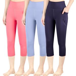 imageBIG ELEPHANT 3 Packs Girls Capri Leggings with Pockets High Waisted Yoga Pants Athletic Running Dance Workout for KidsNavy Bluebluepink