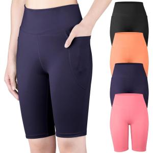 imageBIG ELEPHANT 4 Packs Girls Athletic Bike Shorts Dance Yoga Running Soccer Kids Compression Shorts with PocketsBlacknavy Bluepinkorange