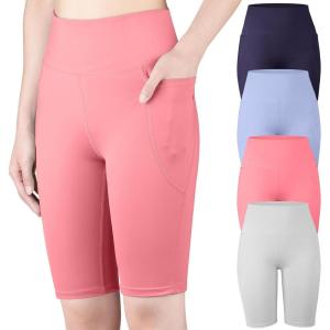 imageBIG ELEPHANT 4 Packs Girls Athletic Bike Shorts Dance Yoga Running Soccer Kids Compression Shorts with PocketsNavy Bluelight Graypinkblue