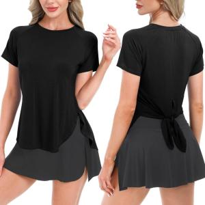 imageBIG ELEPHANT Womens 2 Pcs Summer Short Sleeve TShirts Casual Sports Tops for Beach Vacation Yoga with Side Slit DesignBlack and Black