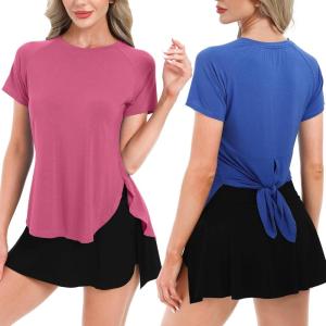 imageBIG ELEPHANT Womens 2 Pcs Summer Short Sleeve TShirts Casual Sports Tops for Beach Vacation Yoga with Side Slit DesignBlue and Rose Pink