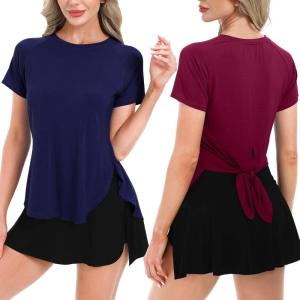 imageBIG ELEPHANT Womens 2 Pcs Summer Short Sleeve TShirts Casual Sports Tops for Beach Vacation Yoga with Side Slit DesignDark Blue and Wine Red