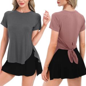 imageBIG ELEPHANT Womens 2 Pcs Summer Short Sleeve TShirts Casual Sports Tops for Beach Vacation Yoga with Side Slit DesignDark Grey and Brick Red