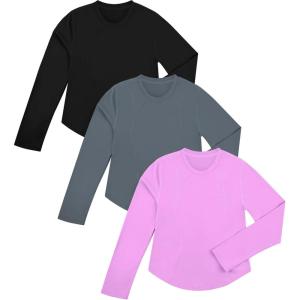 imageBIG ELEPHANT 3 Pack Girls Athletic Shirts Long Sleeve Trendy Kids Active Yoga Tees Cute Tops for Teen GirlsBlack Dark Gray Purple