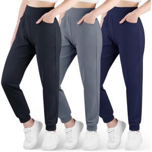 imageBIG ELEPHANT 3 Pack Girls Joggers with Pockets High Waisted Kids Athletic Pants for Yoga RunningBlackdark Graydark Blue