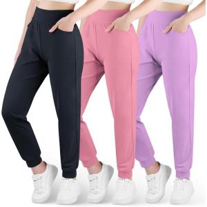imageBIG ELEPHANT 3 Pack Girls Joggers with Pockets High Waisted Kids Athletic Pants for Yoga RunningBlackpinkpurple
