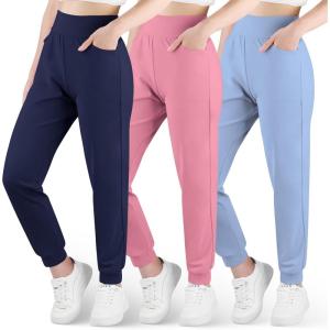 imageBIG ELEPHANT 3 Pack Girls Joggers with Pockets High Waisted Kids Athletic Pants for Yoga RunningDark Bluepinkblue