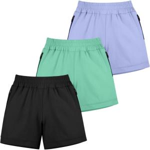 imageBIG ELEPHANT 3 Pcs Girls Athletic Shorts with Liner Quick Dry Sports Shorts with Zipper Pockets for Running Soccer CyclingBlackbluegreen