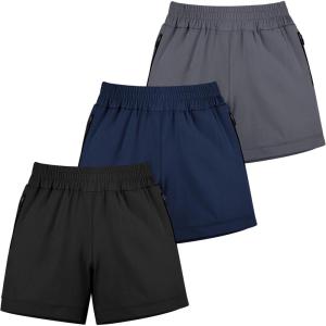 imageBIG ELEPHANT 3 Pcs Girls Athletic Shorts with Liner Quick Dry Sports Shorts with Zipper Pockets for Running Soccer CyclingBlacknavy Bluedark Grey