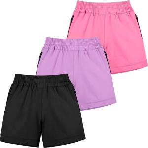 imageBIG ELEPHANT 3 Pcs Girls Athletic Shorts with Liner Quick Dry Sports Shorts with Zipper Pockets for Running Soccer CyclingBlackpinkpurple