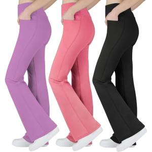 imageBIG ELEPHANT Girls Flare Leggings with Pockets Kids Bootcut Yoga Pants High Waisted Bell Bottoms for DanceBlackpinkpurple