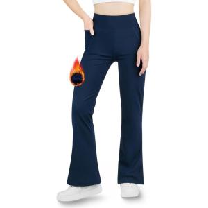 imageBIG ELEPHANT Girls Fleece Lined Leggings Youth Winter Warm Athletic Flare Pants with Pockets Kids Bell BottomsNavy Blue