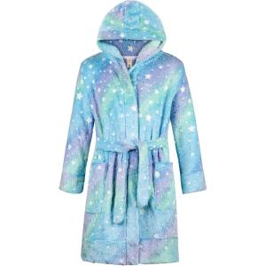 imageBIG ELEPHANT Kids Hooded Robe Fleece Bathrobe for Girls Boys Flannel Sleepwear Coral Plush Pajamas for Christmas GiftBlue Star