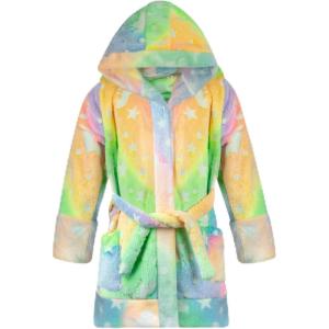imageBIG ELEPHANT Kids Hooded Robe Fleece Bathrobe for Girls Boys Flannel Sleepwear Coral Plush Pajamas for Christmas GiftRainbow