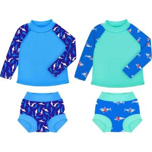 imageBIG ELEPHANT 2 Pcs Rash Guard Swim Diapers Sets for Unisex Baby Boys Girls Long Sleeve Swimsuit with UPF 50 Sun ProtectionBlue Shark