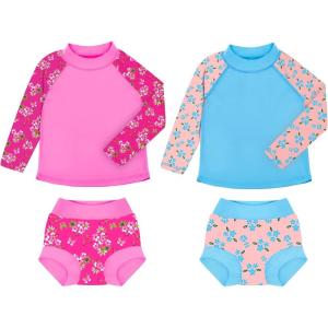 imageBIG ELEPHANT 2 Pcs Rash Guard Swim Diapers Sets for Unisex Baby Boys Girls Long Sleeve Swimsuit with UPF 50 Sun ProtectionBluePink