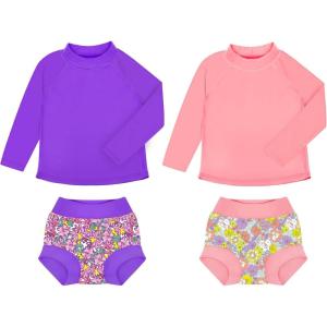 imageBIG ELEPHANT 2 Pcs Rash Guard Swim Diapers Sets for Unisex Baby Boys Girls Long Sleeve Swimsuit with UPF 50 Sun ProtectionOrangePurple