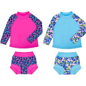 imageBIG ELEPHANT 2 Pcs Rash Guard Swim Diapers Sets for Unisex Baby Boys Girls Long Sleeve Swimsuit with UPF 50 Sun ProtectionRose Red Flower