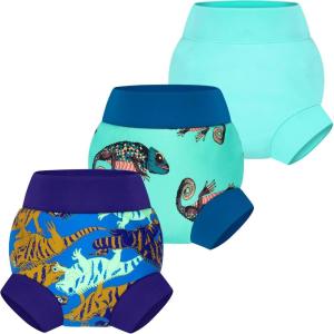 imageBIG ELEPHANT Baby Swim Diapers 3pcs Reusable Adjustable Washable Waterproof Swimming Diaper for Boys and Girls 6Months  5 YearsCyan Lizard