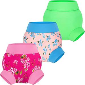 imageBIG ELEPHANT Baby Swim Diapers 3pcs Reusable Adjustable Washable Waterproof Swimming Diaper for Boys and Girls 6Months  5 YearsPink Flower