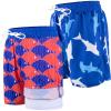 imageBIG ELEPHANT 2 Packs Boys Swim Trunks with Compression Liner UPF 50 Kids Bathing Suit Quick Dry Swimming ShortsShark BlueFish Red Blue