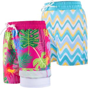 imageBIG ELEPHANT 2 Packs Boys Swim Trunks with Compression Liner UPF 50 Kids Bathing Suit Quick Dry Swimming ShortsLeaves Rose RedWavy Stripes Green