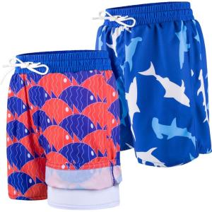 imageBIG ELEPHANT 2 Packs Boys Swim Trunks with Compression Liner UPF 50 Kids Bathing Suit Quick Dry Swimming ShortsShark BlueFish Red Blue