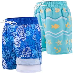 imageBIG ELEPHANT 2 Packs Boys Swim Trunks with Compression Liner UPF 50 Kids Bathing Suit Quick Dry Swimming ShortsShell GreenLeaves Blue