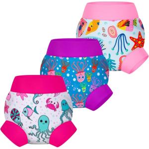 imageBIG ELEPHANT Baby Swim Diapers 3pcs Reusable Adjustable Washable Waterproof Swimming Diaper for Boys and Girls 6Months  5 YearsPurple Jellyfish