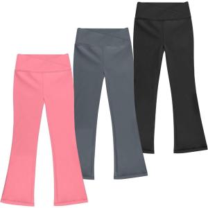 imageBIG ELEPHANT Girls Flare Leggings with Pockets Crossover High Waist Bell Bottom Yoga Pants for Dance ampamp Everyday WearBlackdark Graypink