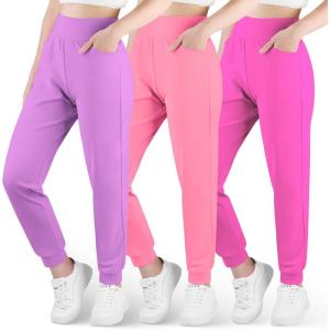 imageBIG ELEPHANT 3 Pack Girls Joggers with Pockets High Waisted Kids Athletic Pants for Yoga RunningPink  Rose Red  Dark Purple
