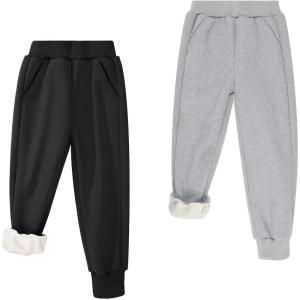 imageBIG ELEPHANT Boys Girls Fleece Lined Sweatpants Winter Warm Soft Cotton Elastic Waist Kids Jogger Pants with PocketsBlack With Light Gray 2 Pack